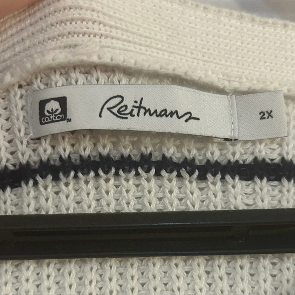 Reitmans Cream Sweater with Red, Blue, and Black Stripes - Picture 2 of 5